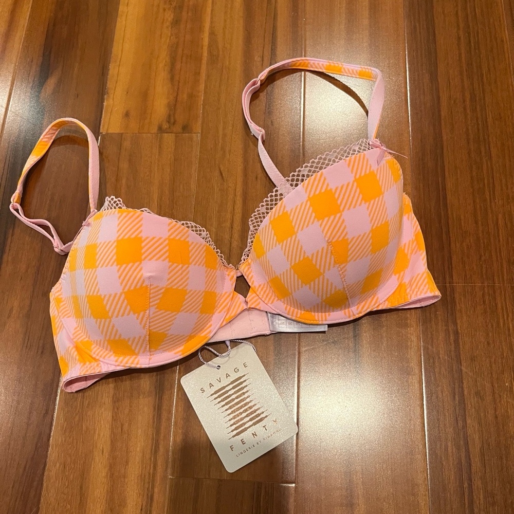 New NWT Savage x Fenty Orange Plaid Bra Underwire Intimates Lingerie Size 32C